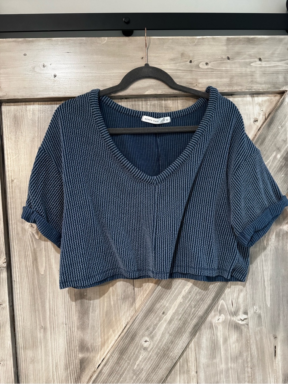 Altar'd State Navy Ribbed V-Neck Cropped Tee
